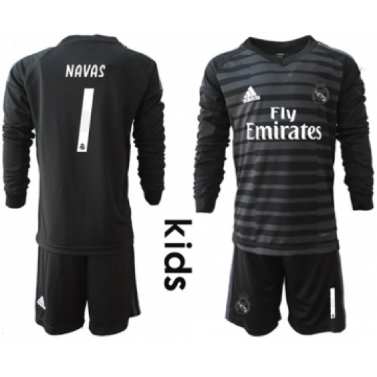 Real Madrid 1 Navas Black Goalkeeper Long Sleeves Kid Soccer Club Jersey