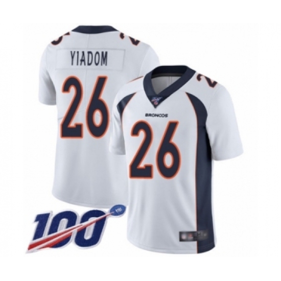 Men's Denver Broncos 26 Isaac Yiadom White Vapor Untouchable Limited Player 100th Season Football Jersey