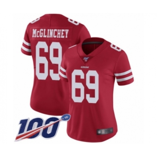 Women's San Francisco 49ers 69 Mike McGlinchey Red Team Color Vapor Untouchable Limited Player 100th Season Football Jersey