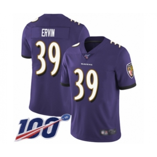 Men's Baltimore Ravens 39 Tyler Ervin Purple Team Color Vapor Untouchable Limited Player 100th Season Football Jersey