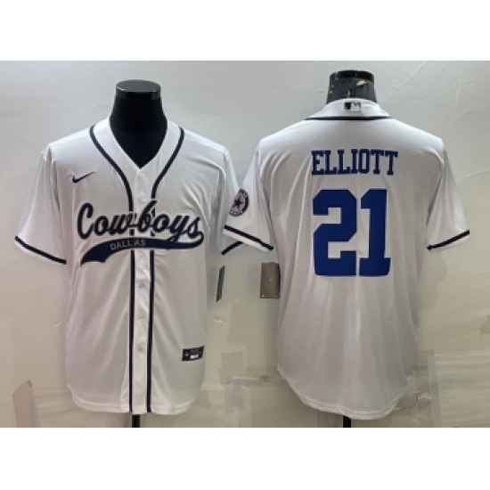 Men's Dallas Cowboys 21 Ezekiel Elliott White With Patch Cool Base Stitched Baseball Jersey