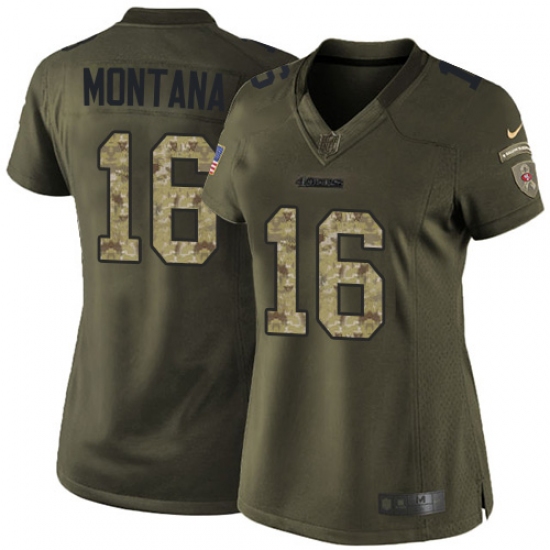 Women's Nike San Francisco 49ers 16 Joe Montana Elite Green Salute to Service NFL Jersey