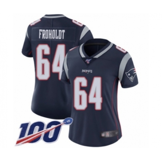 Women's New England Patriots 64 Hjalte Froholdt Navy Blue Team Color Vapor Untouchable Limited Player 100th Season Football Jersey