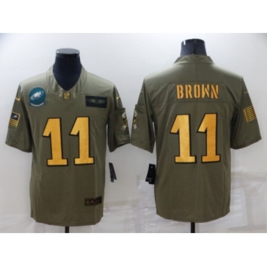 Men's Philadelphia Eagles 11 A. J. Brown Olive Gold Salute To Service Limited Stitched Jersey