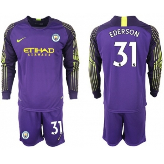Manchester City 31 Ederson Purple Goalkeeper Long Sleeves Soccer Club Jersey