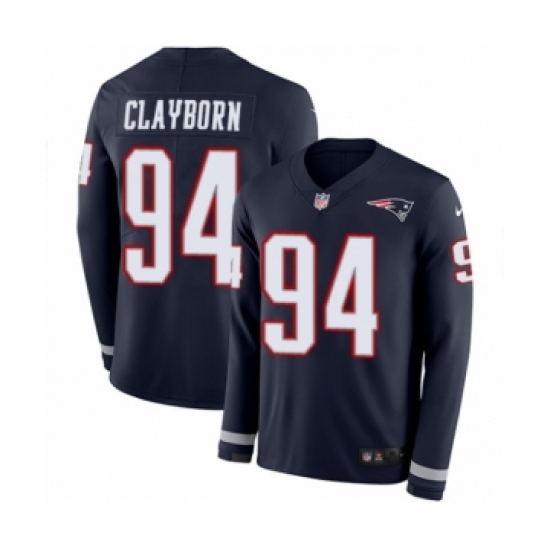 Men's Nike New England Patriots 94 Adrian Clayborn Limited Navy Blue Therma Long Sleeve NFL Jersey