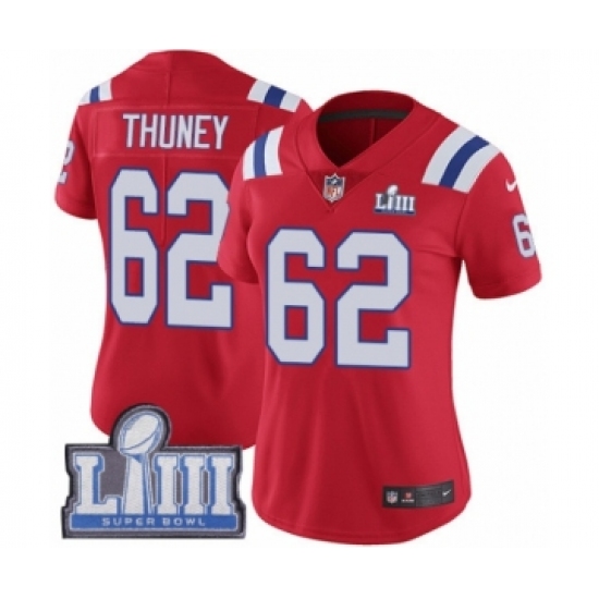 Women's Nike New England Patriots 62 Joe Thuney Red Alternate Vapor Untouchable Limited Player Super Bowl LIII Bound NFL Jersey