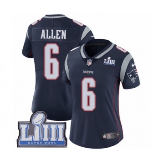 Women's Nike New England Patriots 6 Ryan Allen Navy Blue Team Color Vapor Untouchable Limited Player Super Bowl LIII Bound NFL Jersey