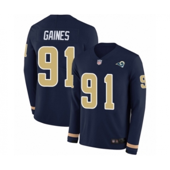 Men's Los Angeles Rams 91 Greg Gaines Limited Navy Blue Therma Long Sleeve Football Jersey