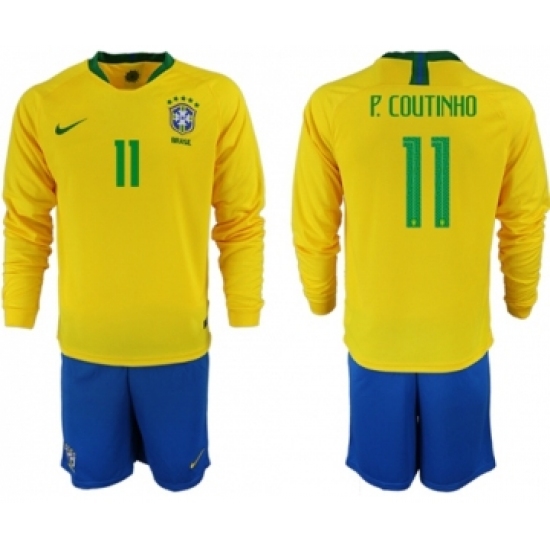 Brazil 11 P.Coutinho Home Long Sleeves Soccer Country Jersey