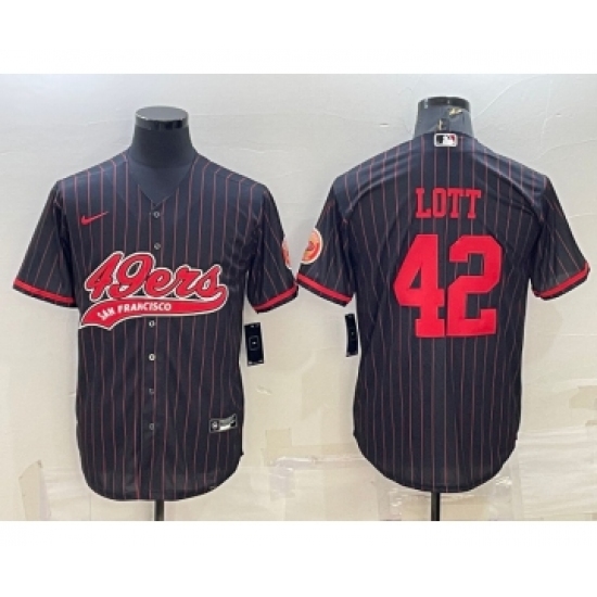 Men's San Francisco 49ers 42 Ronnie Lott Black Pinstripe With Patch Cool Base Stitched Baseball Jersey