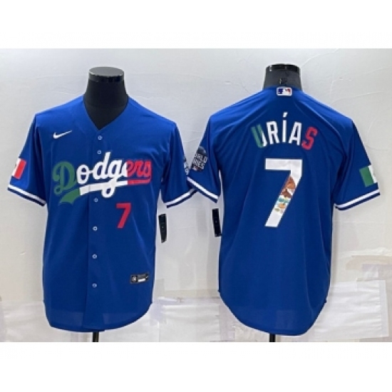 Mens Los Angeles Dodgers 7 Julio Urias Royal Mexico Cool Base Stitched Baseball Jersey
