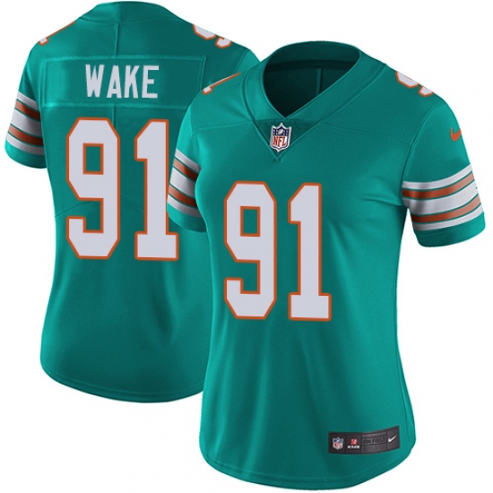 Women's Nike Miami Dolphins 91 Cameron Wake Elite Aqua Green Alternate NFL Jersey