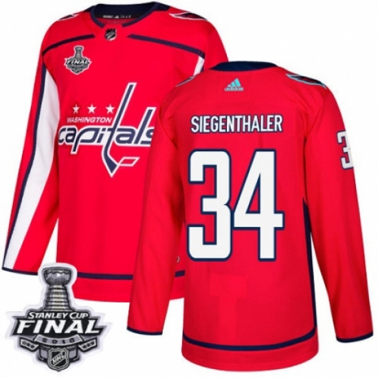 Men's Adidas Washington Capitals 34 Jonas Siegenthaler Premier Red Home 2018 Stanley Cup Final NHL Jersey