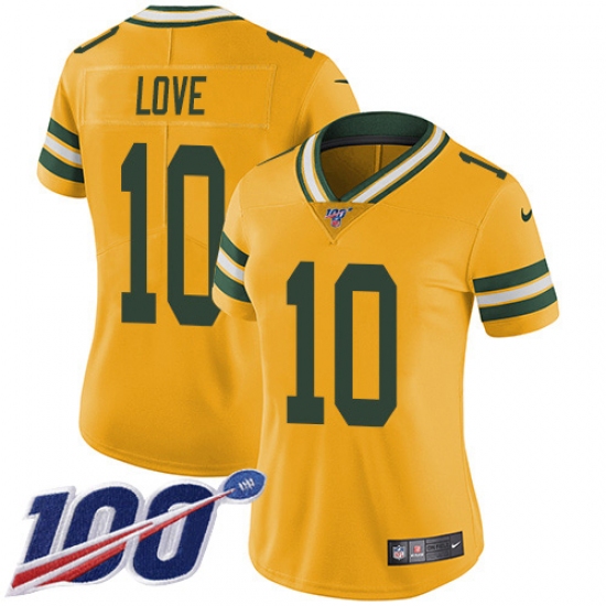 Women's Green Bay Packers 10 Jordan Love Yellow Stitched NFL Limited Rush 100th Season Jersey