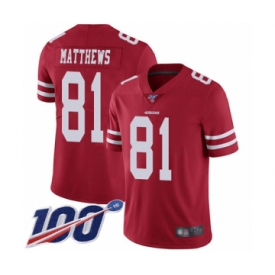 Youth San Francisco 49ers 81 Jordan Matthews Red Team Color Vapor Untouchable Limited Player 100th Season Football Jersey