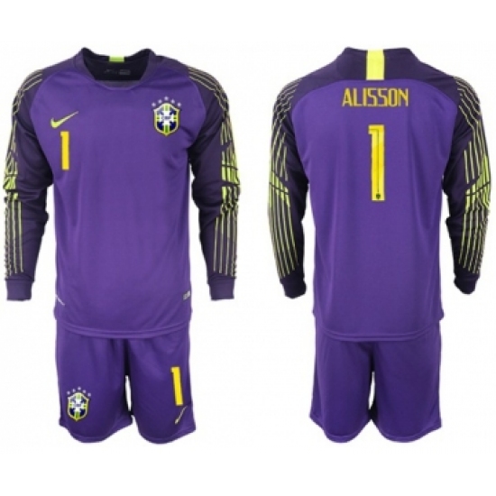 Brazil 1 Alisson Purple Goalkeeper Long Sleeves Soccer Country Jersey