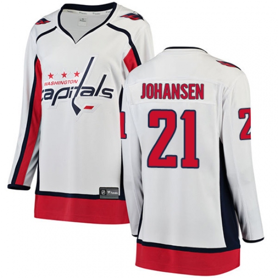 Women's Washington Capitals 21 Lucas Johansen Fanatics Branded White Away Breakaway NHL Jersey