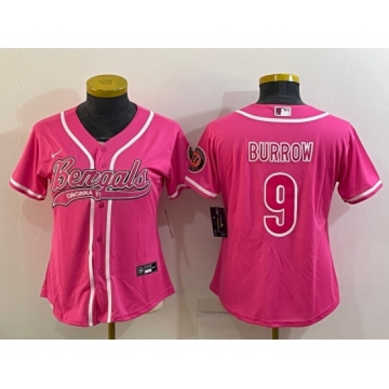 Women's Cincinnati Bengals 9 Joe Burrow Pink With Patch Cool Base Stitched Baseball Jersey