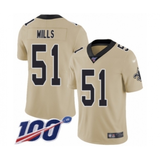 Men's New Orleans Saints 51 Sam Mills Limited Gold Inverted Legend 100th Season Football Jersey