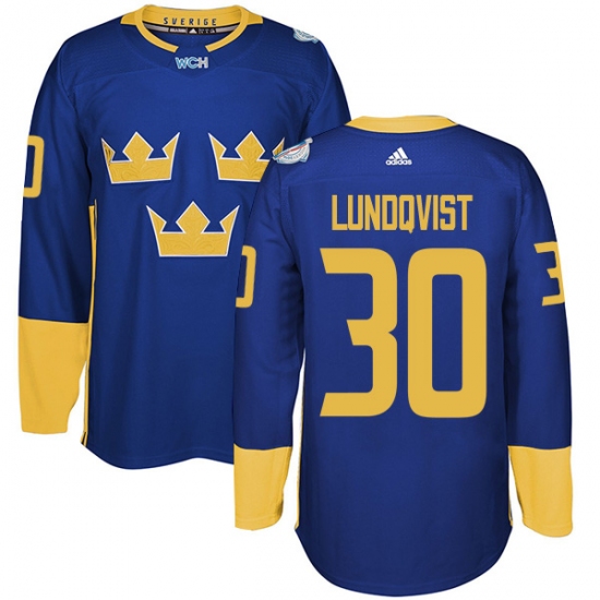 Men's Adidas Team Sweden 30 Henrik Lundqvist Premier Royal Blue Away 2016 World Cup of Hockey Jersey