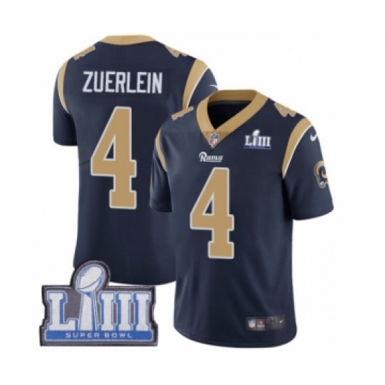 Men's Nike Los Angeles Rams 4 Greg Zuerlein Navy Blue Team Color Vapor Untouchable Limited Player Super Bowl LIII Bound NFL Jersey