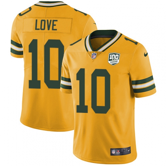 Men's Green Bay Packers 10 Jordan Love Yellow 100th Season Stitched NFL Limited Rush Jersey