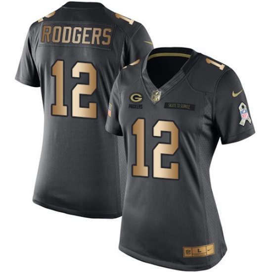Women's Nike Green Bay Packers 12 Aaron Rodgers Limited Black/Gold Salute to Service NFL Jersey
