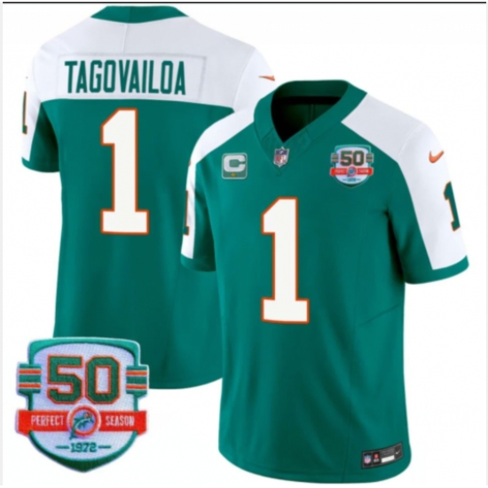 Men's Nike Miami Dolphins 1 Tua Tagovailoa White Green C 50tsJersey