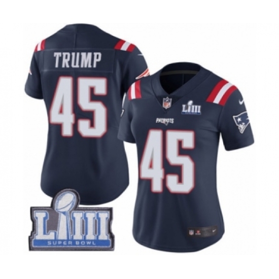 Women's Nike New England Patriots 45 Donald Trump Limited Navy Blue Rush Vapor Untouchable Super Bowl LIII Bound NFL Jersey