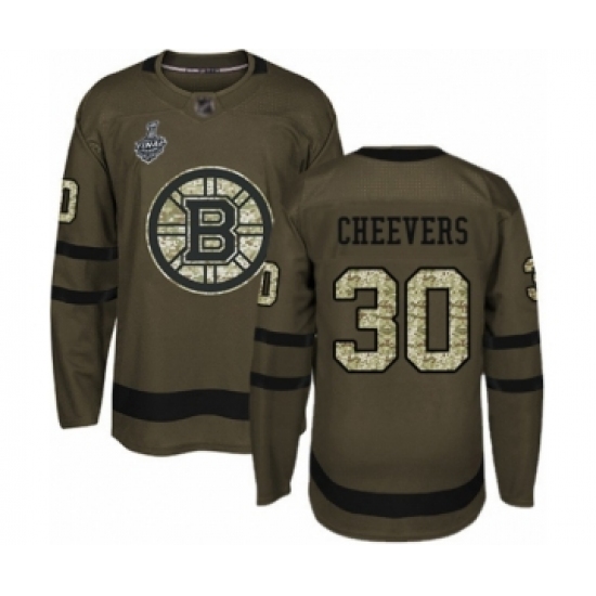 Men's Boston Bruins 30 Gerry Cheevers Authentic Green Salute to Service 2019 Stanley Cup Final Bound Hockey Jersey