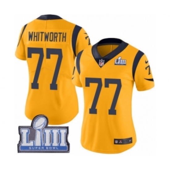 Women's Nike Los Angeles Rams 77 Andrew Whitworth Limited Gold Rush Vapor Untouchable Super Bowl LIII Bound NFL Jersey