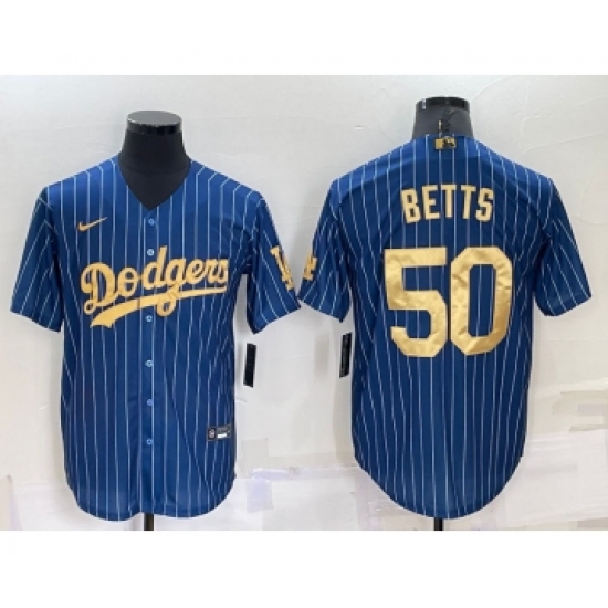 Men's Los Angeles Dodgers 50 Mookie Betts Navy Blue Gold Pinstripe Stitched MLB Cool Base Nike Jersey