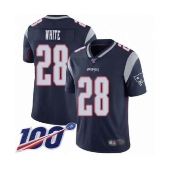 Men's New England Patriots 28 James White Navy Blue Team Color Vapor Untouchable Limited Player 100th Season Football Jersey