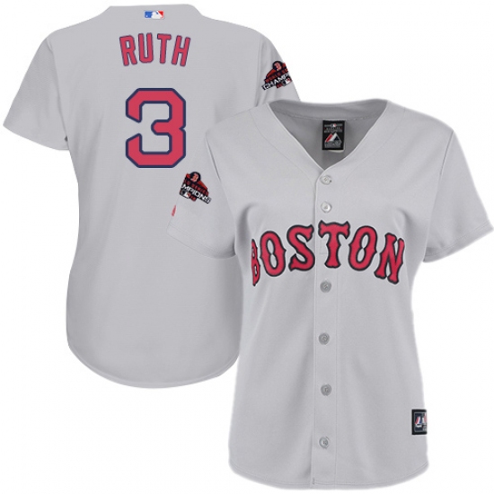 Women's Majestic Boston Red Sox 3 Babe Ruth Authentic Grey Road 2018 World Series Champions MLB Jersey
