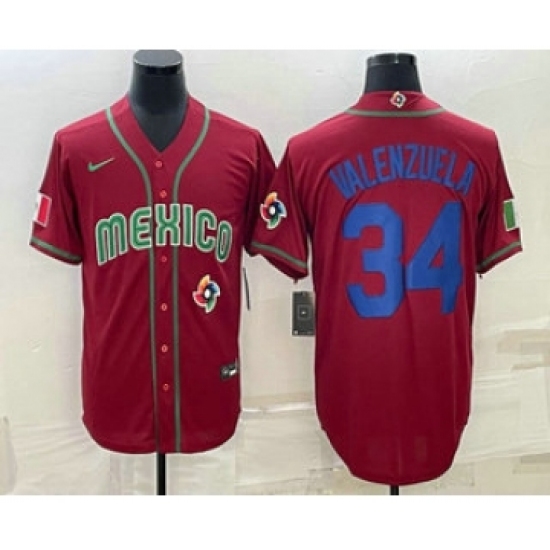 Mens Mexico Baseball 34 Fernando Valenzuela 2023 Red Blue World Baseball Classic Stitched Jersey