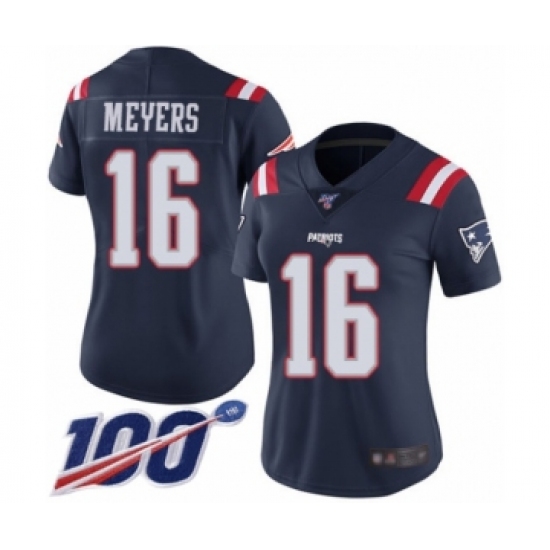 Women's New England Patriots 16 Jakobi Meyers Limited Navy Blue Rush Vapor Untouchable 100th Season Football Jersey