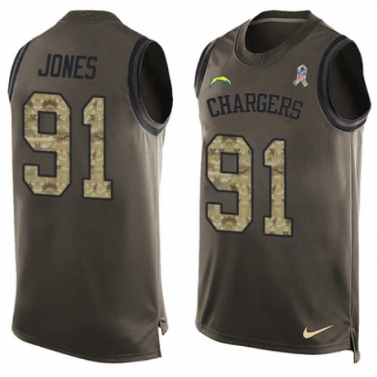 Men's Nike Los Angeles Chargers 91 Justin Jones Limited Green Salute to Service Tank Top NFL Jersey