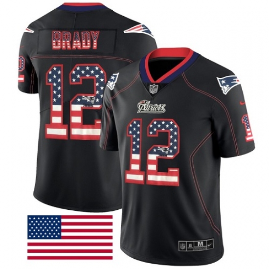 Men's Nike New England Patriots 12 Tom Brady Limited Black Rush USA Flag NFL Jersey