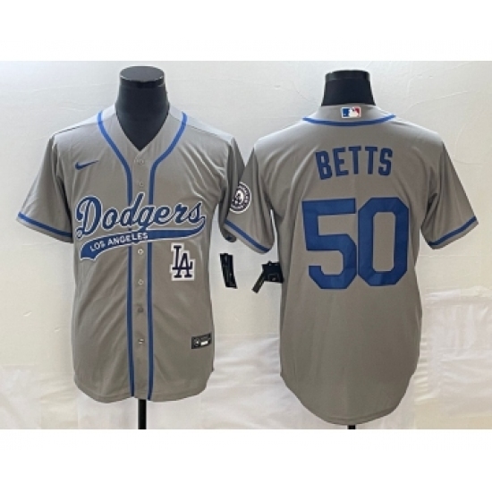Men's Los Angeles Dodgers 50 Mookie Betts Grey Cool Base Stitched Baseball Jersey