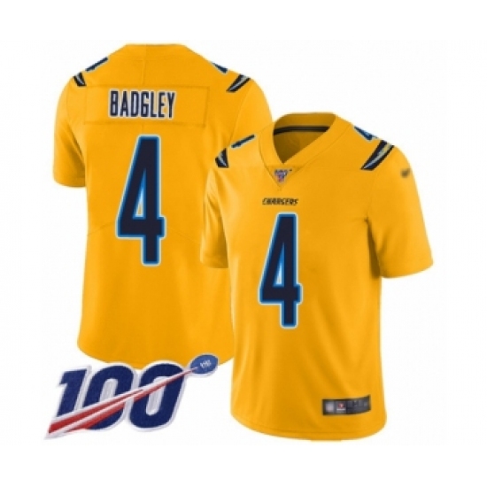 Men's Los Angeles Chargers 4 Michael Badgley Limited Gold Inverted Legend 100th Season Football Jersey