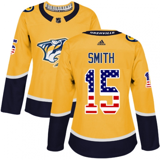 Women's Adidas Nashville Predators 15 Craig Smith Authentic Gold USA Flag Fashion NHL Jersey