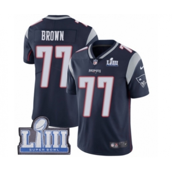 Men's Nike New England Patriots 77 Trent Brown Navy Blue Team Color Vapor Untouchable Limited Player Super Bowl LIII Bound NFL Jersey