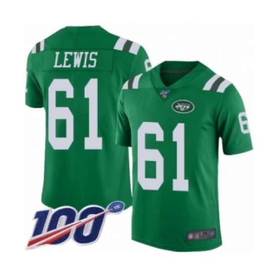 Men's New York Jets 61 Alex Lewis Limited Green Rush Vapor Untouchable 100th Season Football Jersey