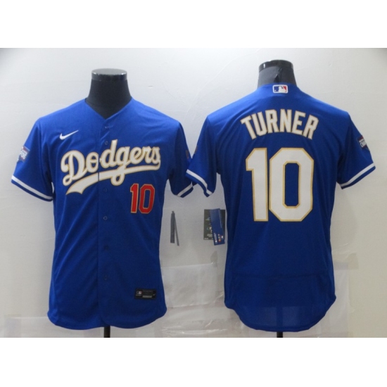 Men's Nike Los Angeles Dodgers 10 Justin Turner Blue Elite Game Champions Authentic Jersey