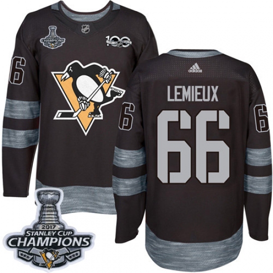 Men's Adidas Pittsburgh Penguins 66 Mario Lemieux Authentic Black 1917-2017 100th Anniversary 2017 Stanley Cup Champions NHL Jersey
