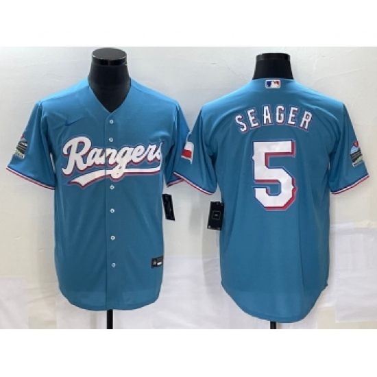 Men's Texas Rangers 5 Corey Seager Light Blue Stitched Cool Base Nike Jersey