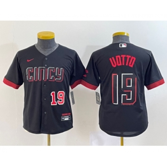 Youth Cincinnati Reds 19 Joey Votto Number Black 2023 City Connect Cool Base Stitched Jersey
