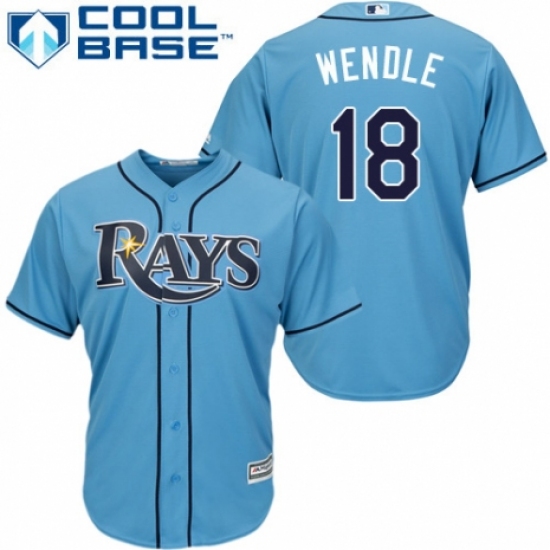Youth Majestic Tampa Bay Rays 18 Joey Wendle Authentic Light Blue Alternate 2 Cool Base MLB Jersey
