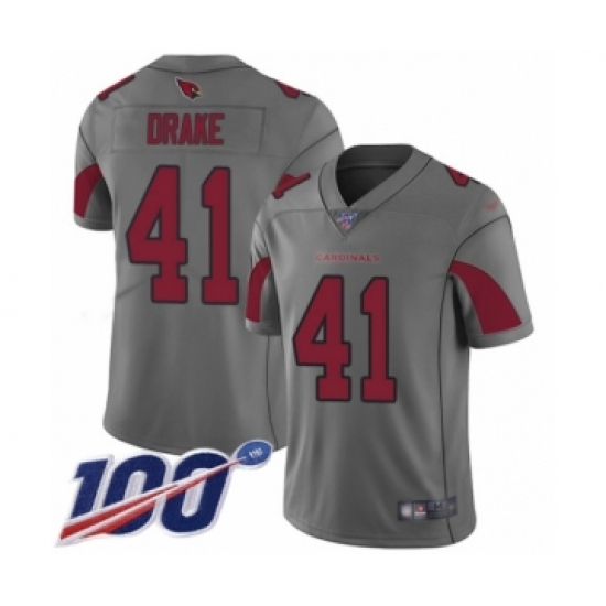 Men's Arizona Cardinals 41 Kenyan Drake Limited Silver Inverted Legend 100th Season Football Jersey